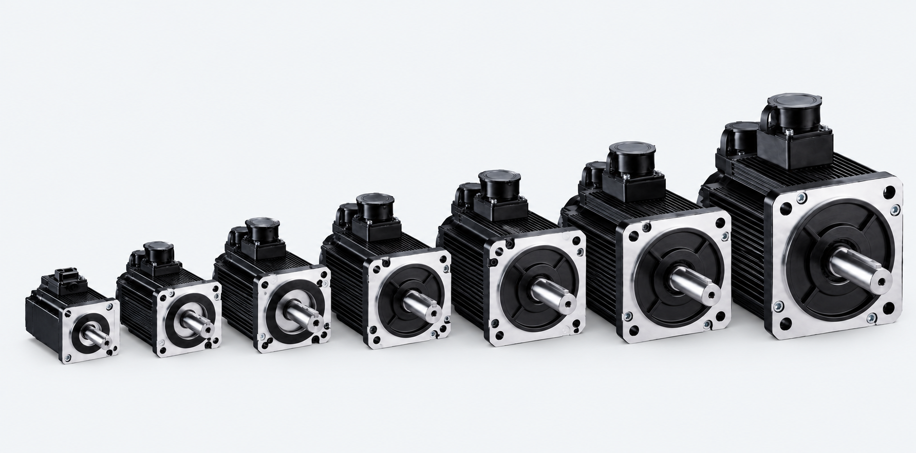 Seven AS Series AC servomotors arranged from 40 to 142 millimetre frame size