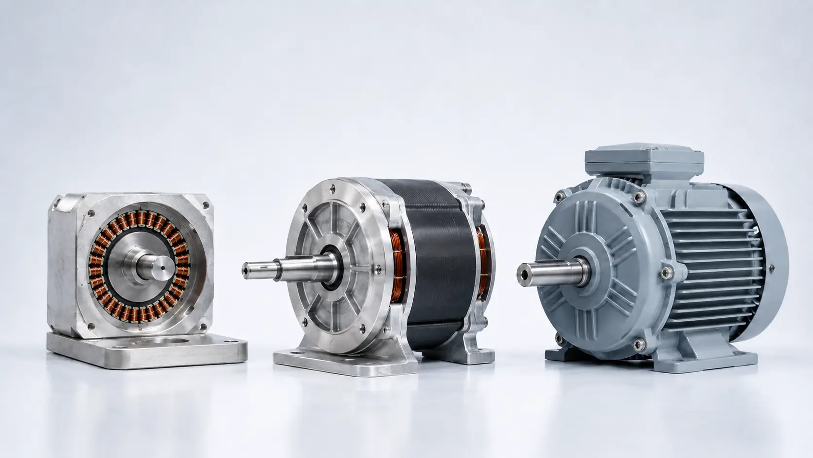 Custom AC motor development represented by an induction motor cutaway with distributed stator windings, a modified motor and a finished industrial AC motor