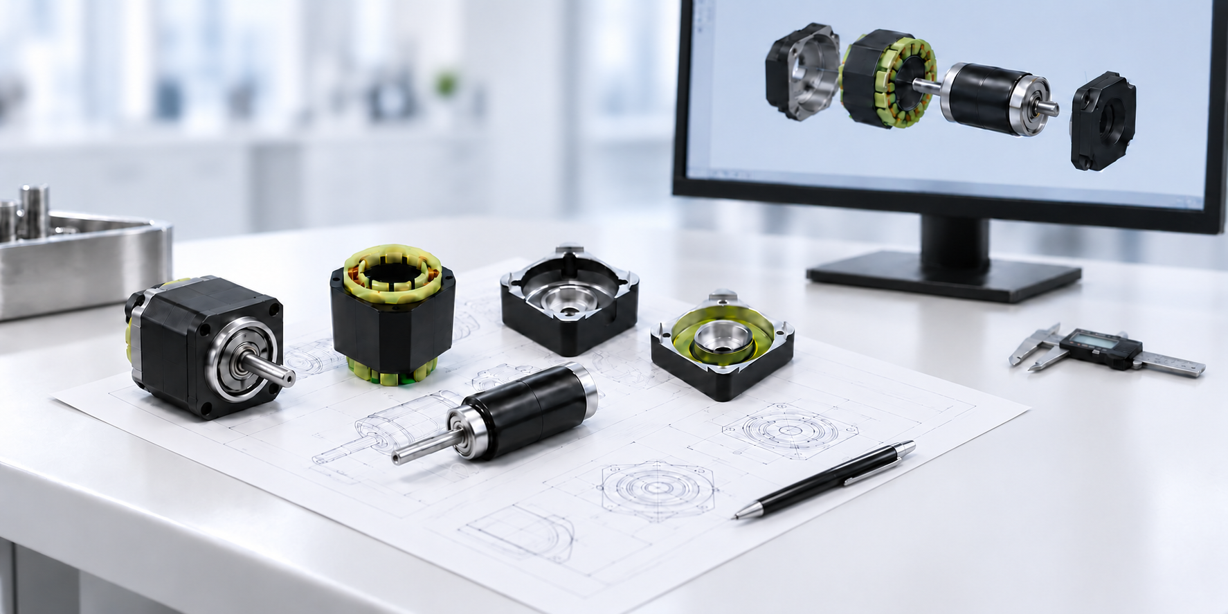 Motor components and a pen on an engineering drawing beneath a CAD workstation screen