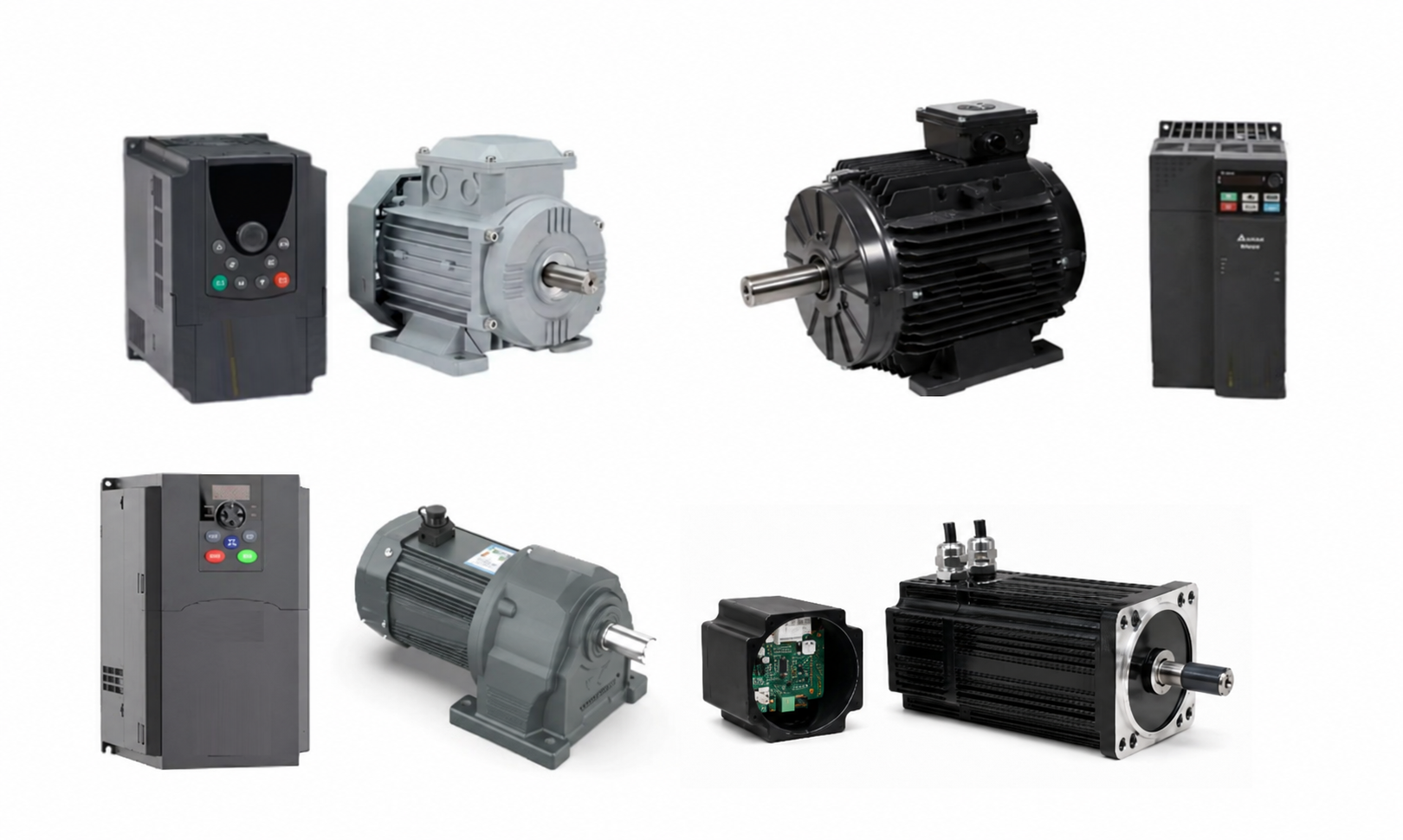 Representative industrial AC motors, brushless motor and separate electronic drive configurations
