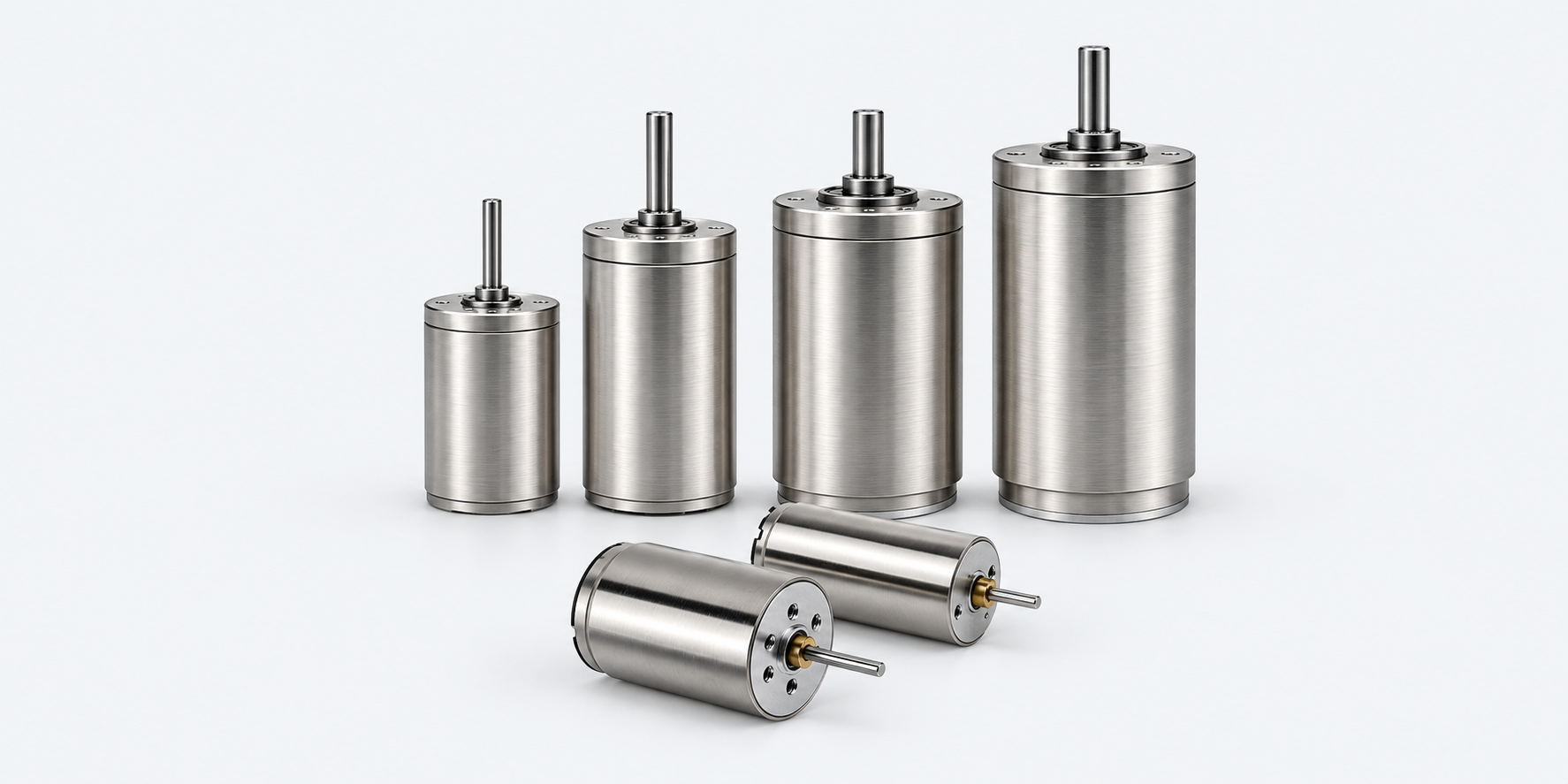 Silver graphite brush coreless motor family with four upright and two horizontal models