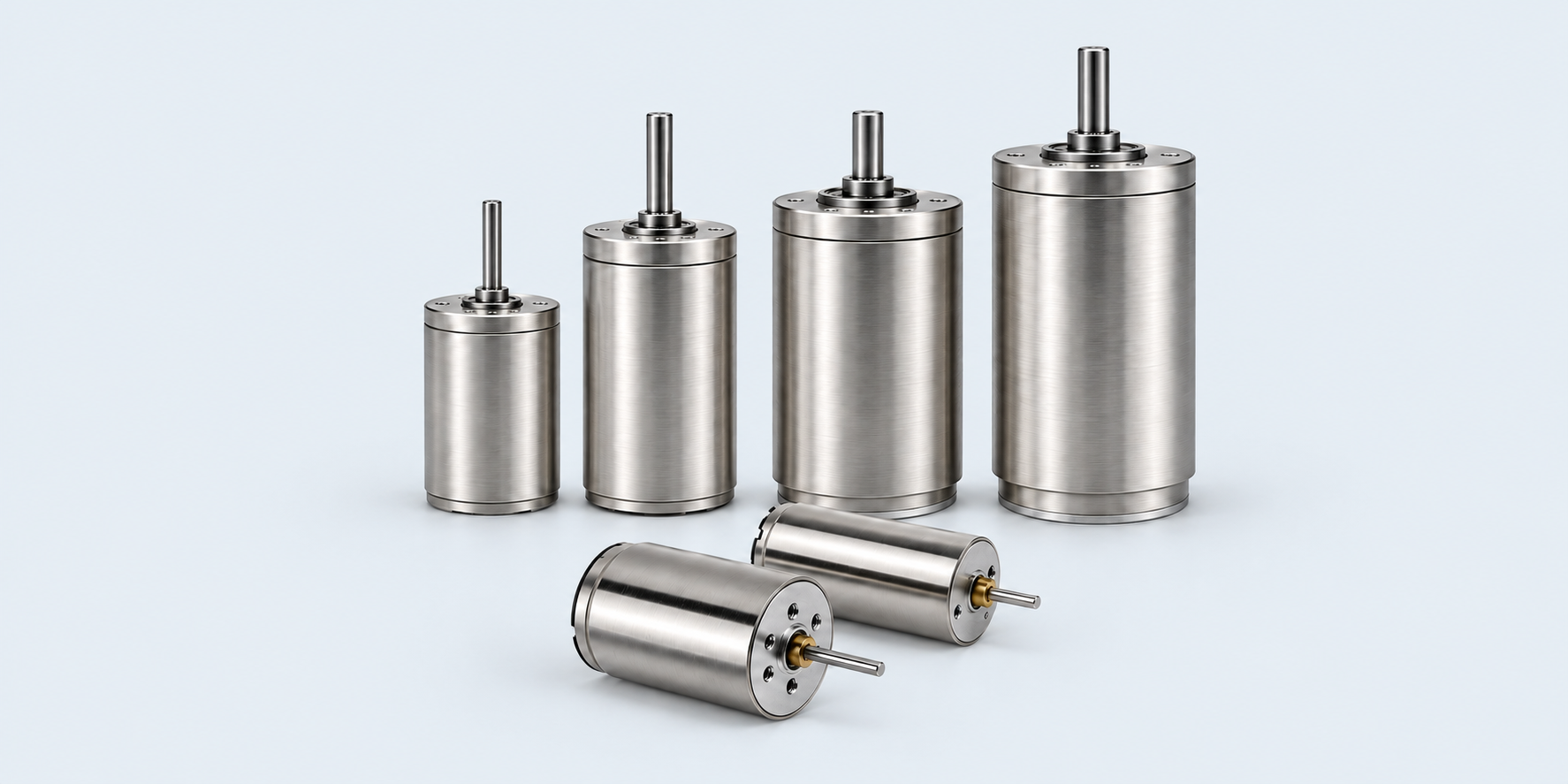 Silver graphite brush coreless motor family with four upright and two horizontal models