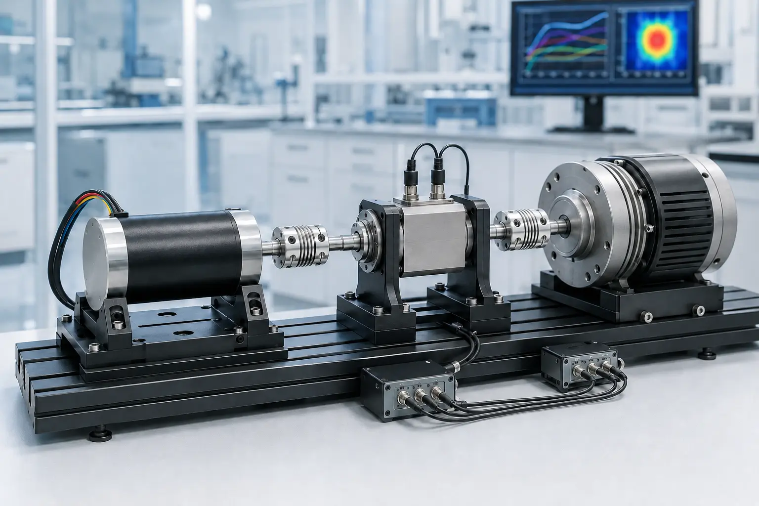 SDT cylindrical brushless motor aligned with a torque transducer and dynamometer for performance and thermal verification