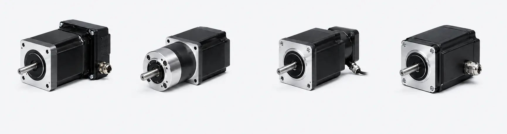 Representative integrated-controller, geared, holding-brake and IP65 stepper motor configurations with balanced spacing