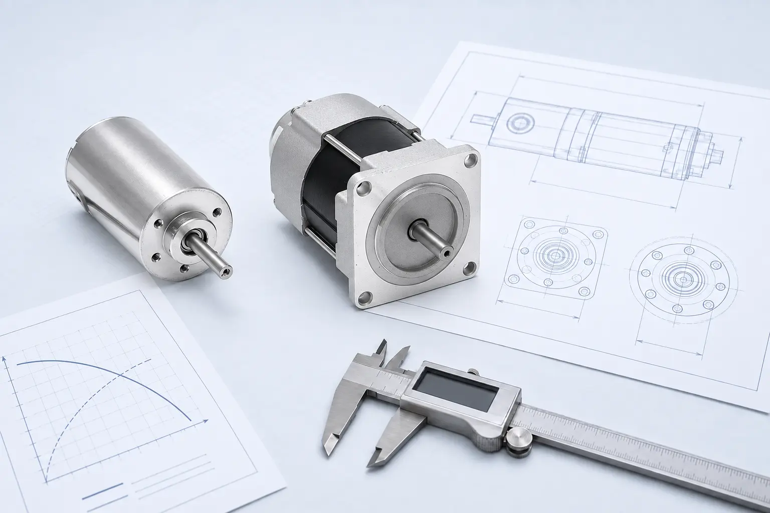Two SDT brushless motor configurations presented with CAD drawings and precision measurement equipment
