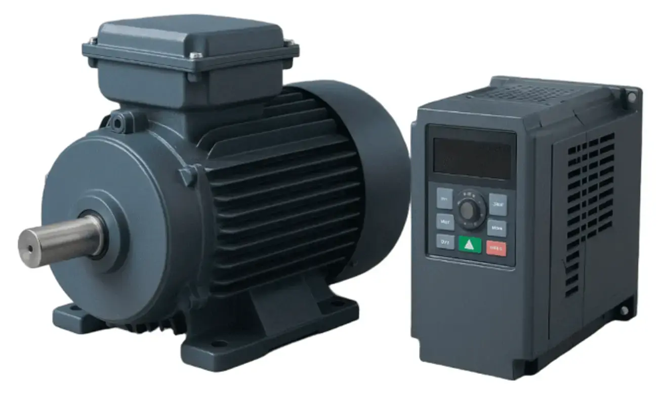 Industrial AC induction motor beside a separate variable-frequency drive