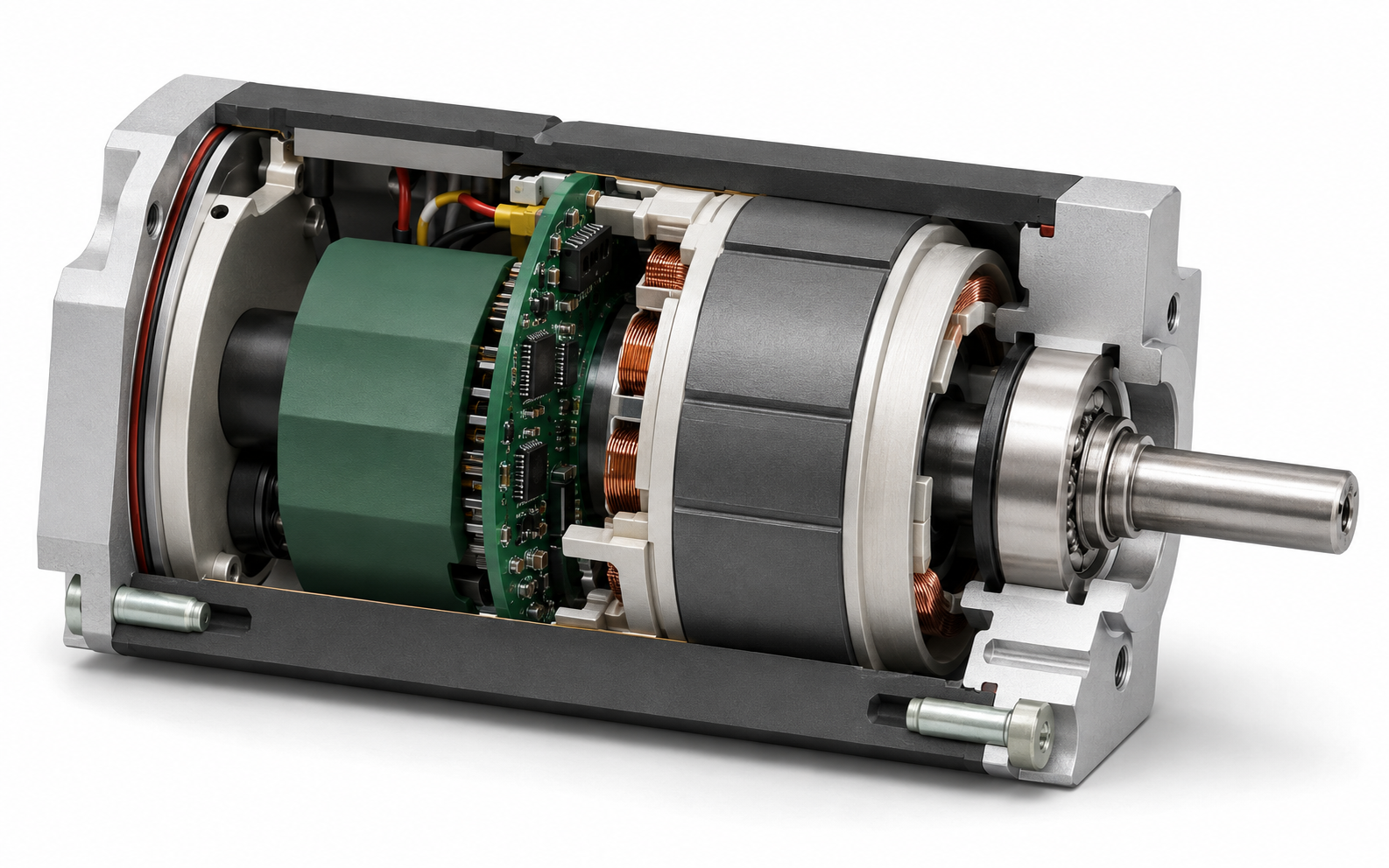 Technical cutaway illustrating a brushless motor with integrated controller electronics, rotor, stator, bearings and output shaft
