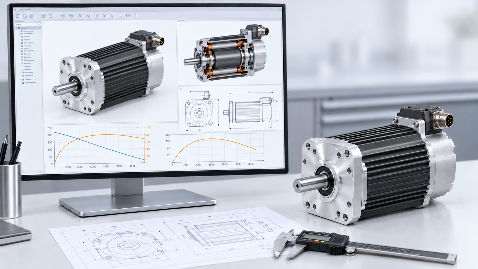 Motor engineering CAD, section view, performance curves and drawing beside a finished motor