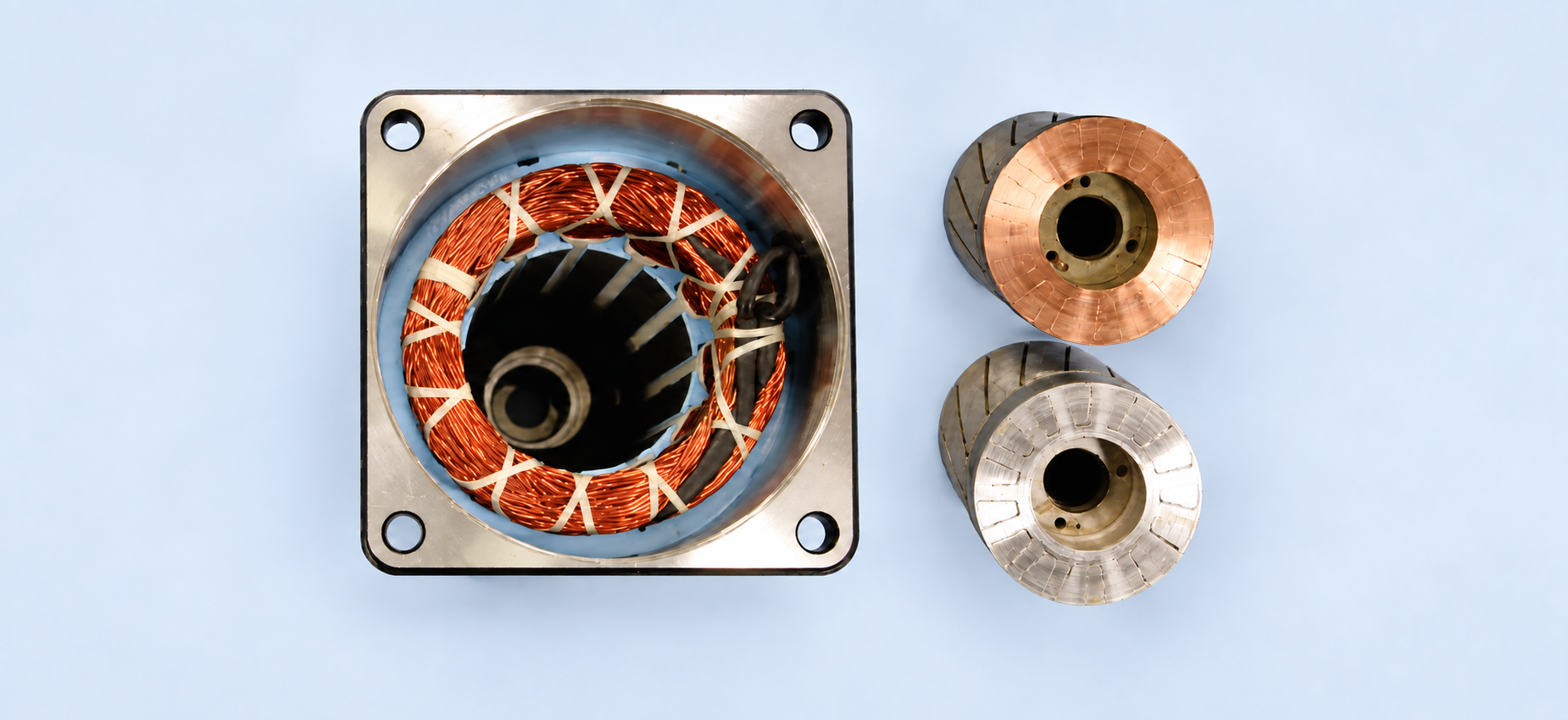 Dismantled AC induction motor showing the wound stator and copper and aluminium rotor constructions