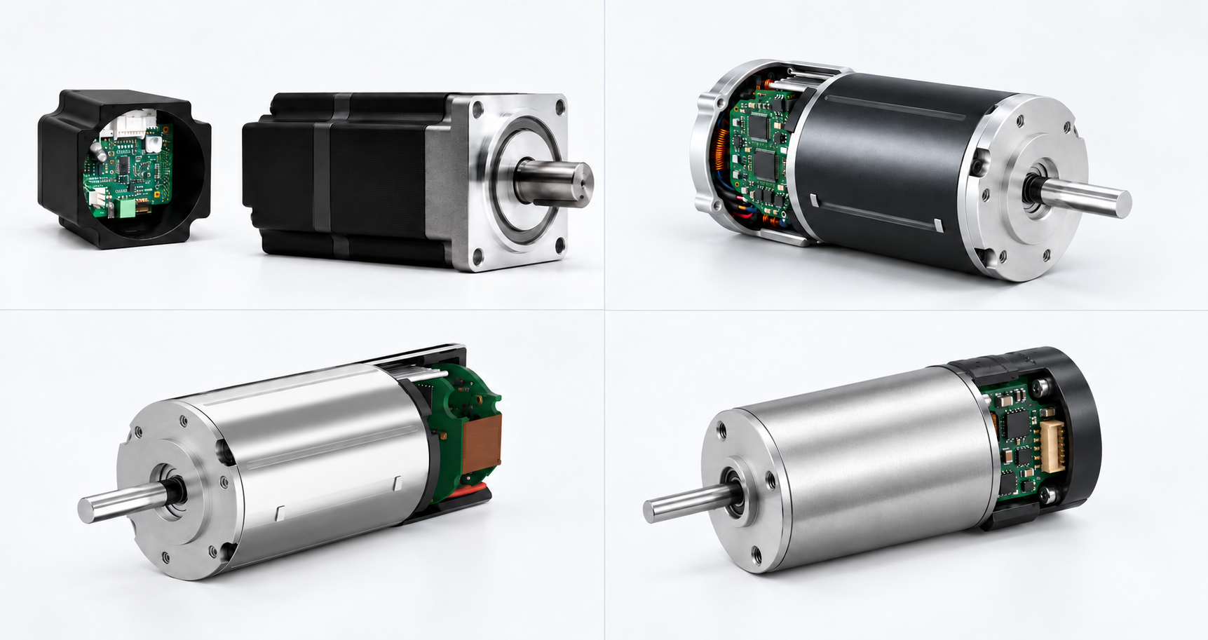 Four integrated BLDC motor and controller configurations presented without labels