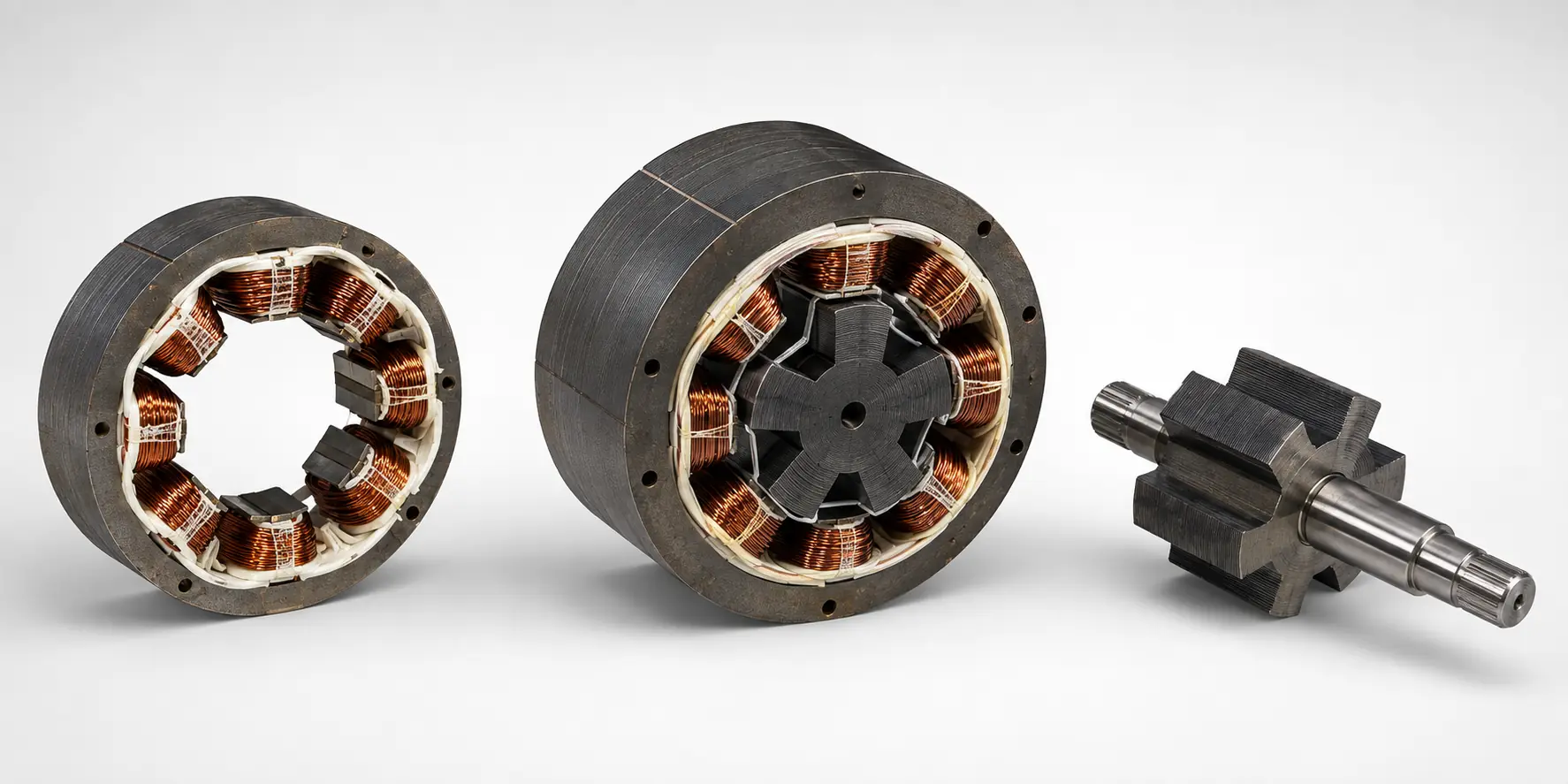 Wound stator, assembled switched-reluctance motor and separate six-pole shaft-mounted rotor