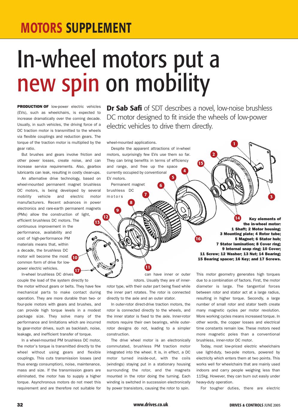 Original Drives and Controls article page showing the exploded in-wheel motor design